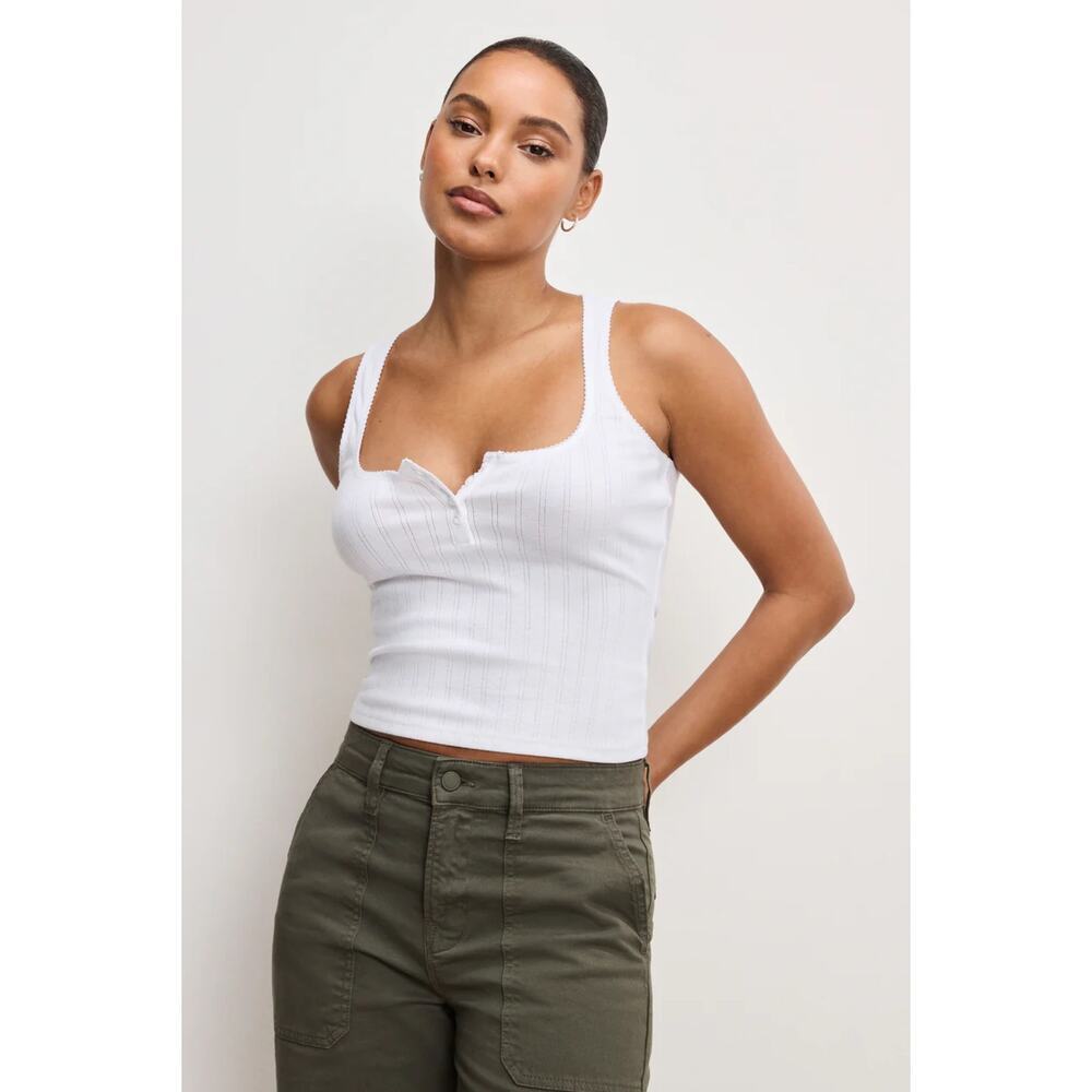 New Good American Pointelle Henley Tank Top in White001 Women's Size XL